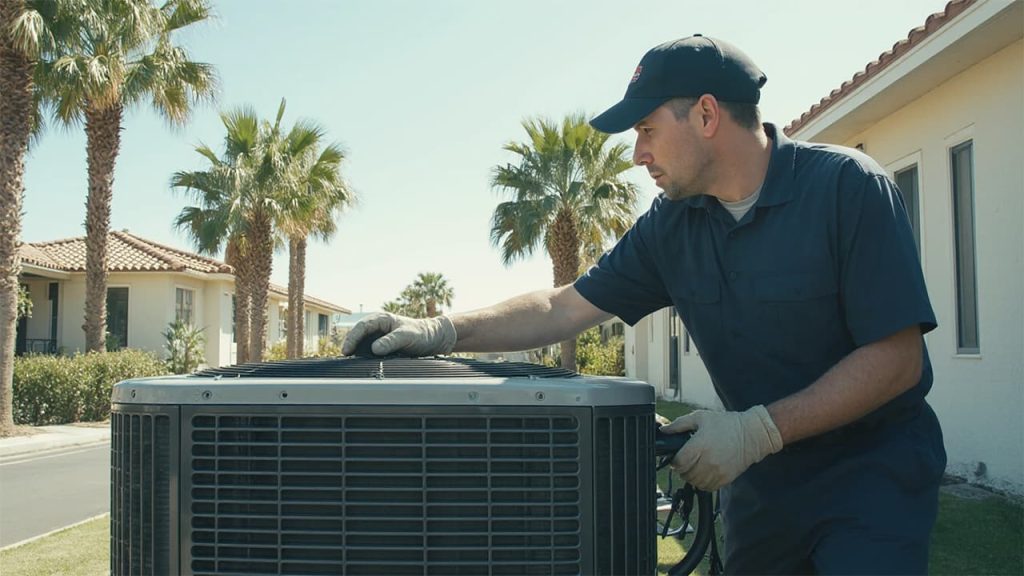 Our technician inspecting a residential outdoor air conditioning unit